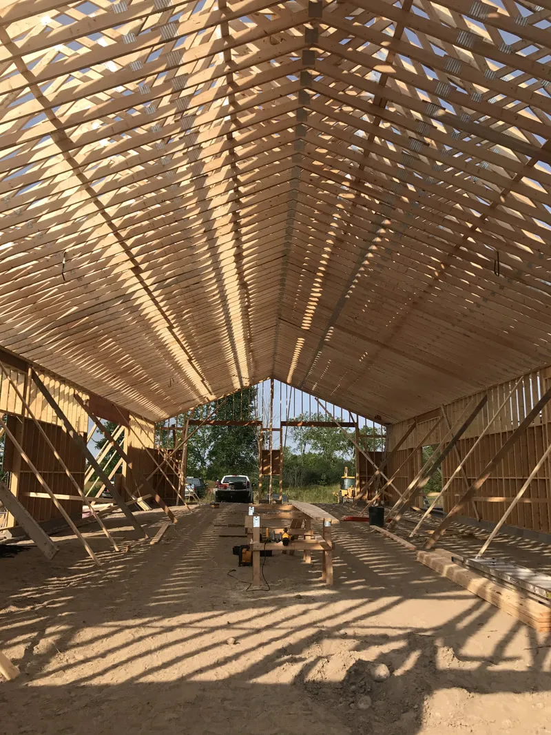 Residential roof structure viewed through exposed timber framing
